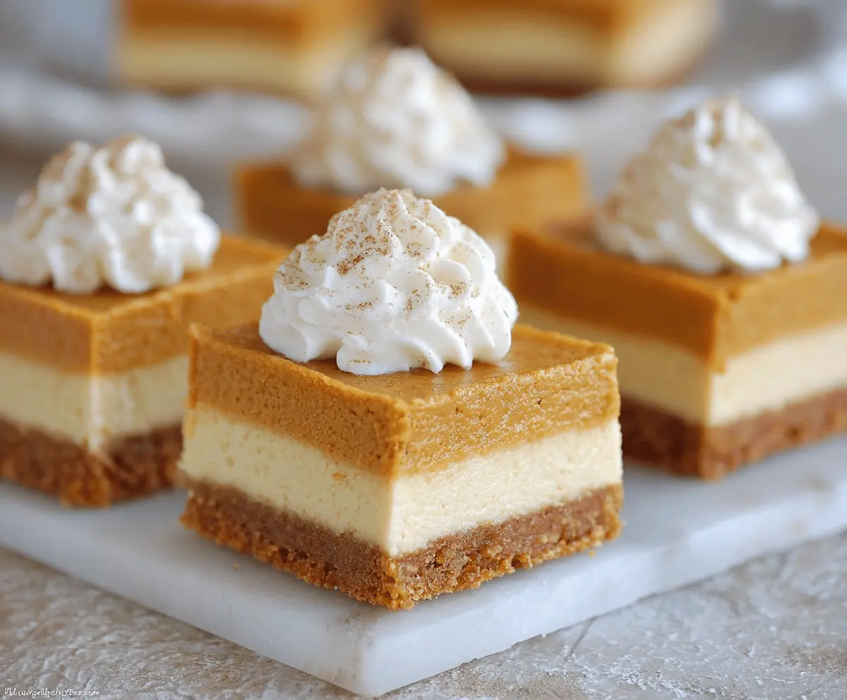 Delicious pumpkin cheesecake bars with a creamy topping and graham cracker crust on a decorative plate.