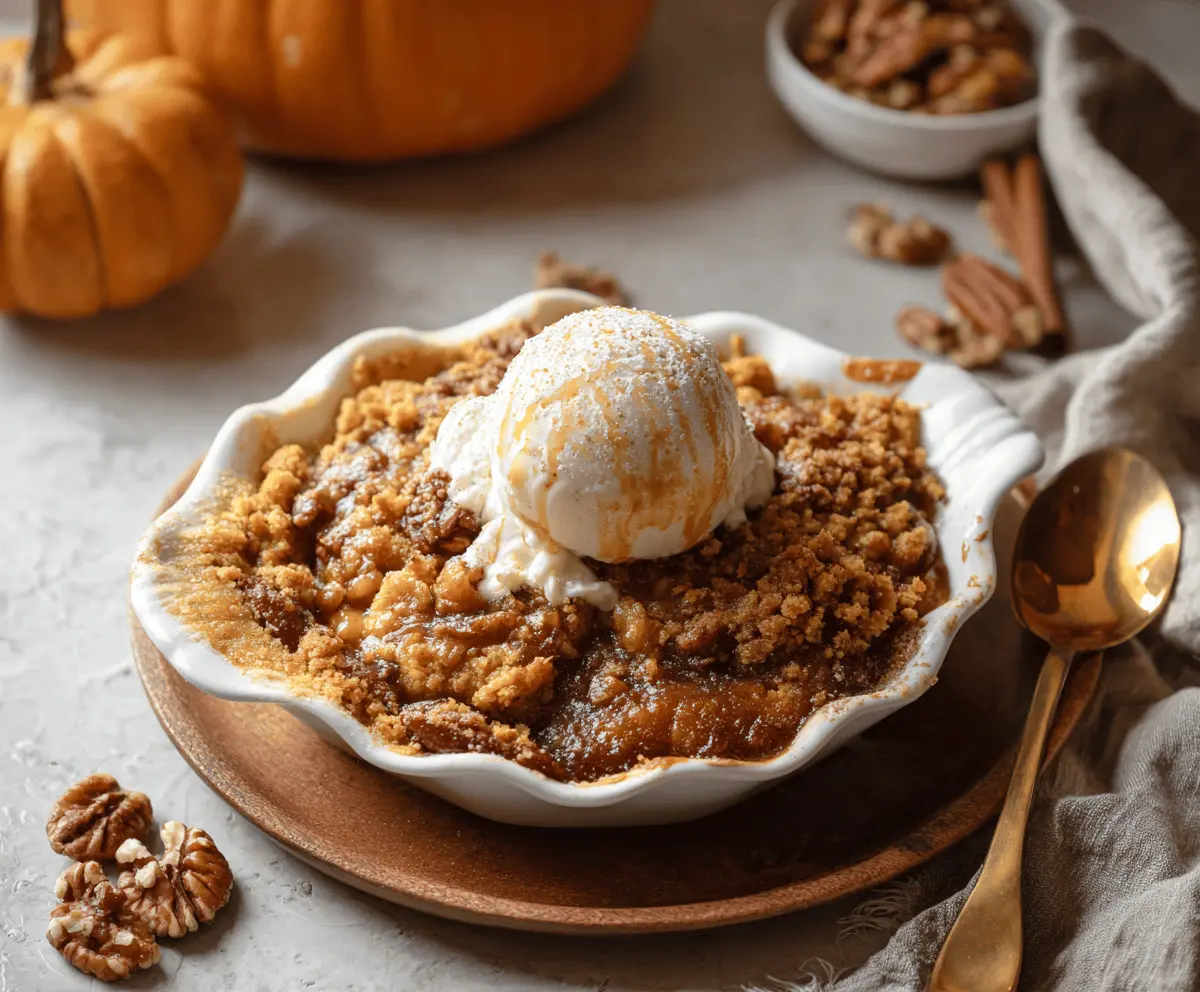 Delicious pumpkin cobbler topped with whipped cream, served in a rustic dish for a cozy fall dessert.