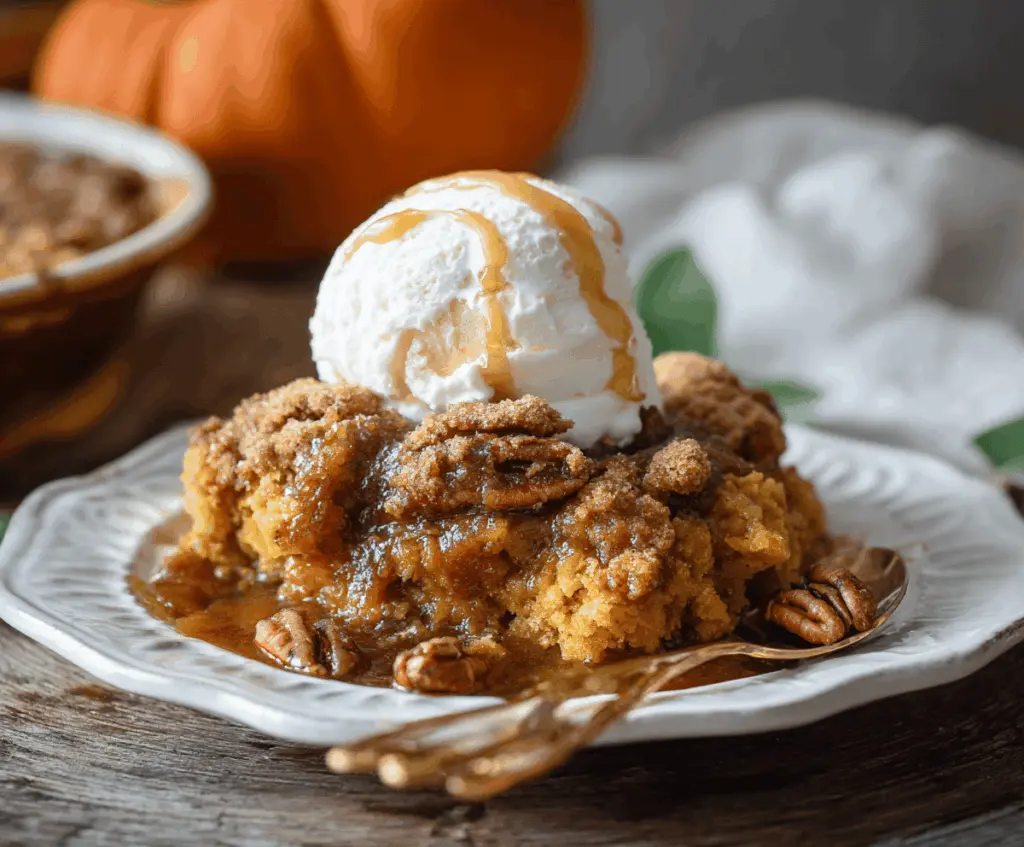 Delicious pumpkin cobbler topped with golden brown crust and whipped cream, served in a rustic bowl perfect for fall desserts