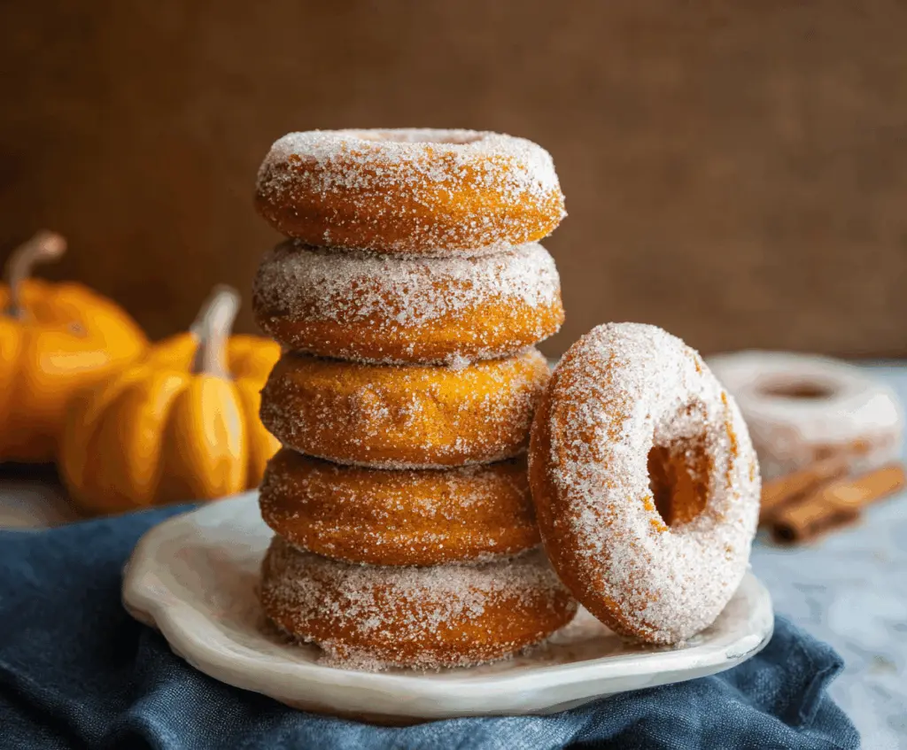 Fresh homemade pumpkin donuts on a white plate, topped with cinnamon and sugar, perfect for fall dessert or breakfast.