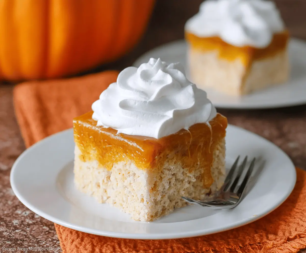 Delicious Pumpkin Jello Poke Cake topped with whipped cream and sprinkles, perfect for fall desserts