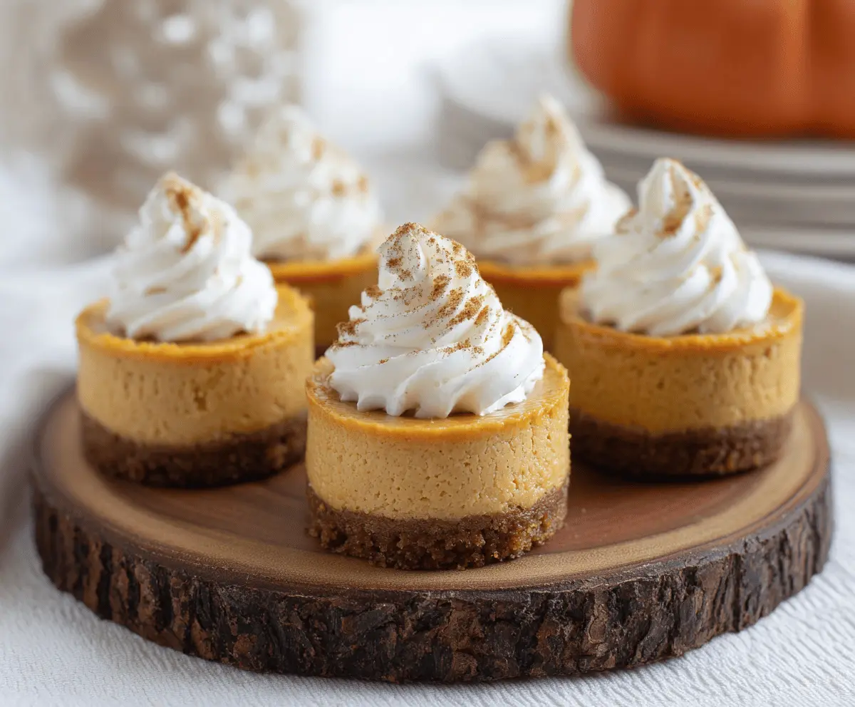 Delicious pumpkin mini cheesecakes topped with whipped cream and cinnamon, perfect for fall desserts.