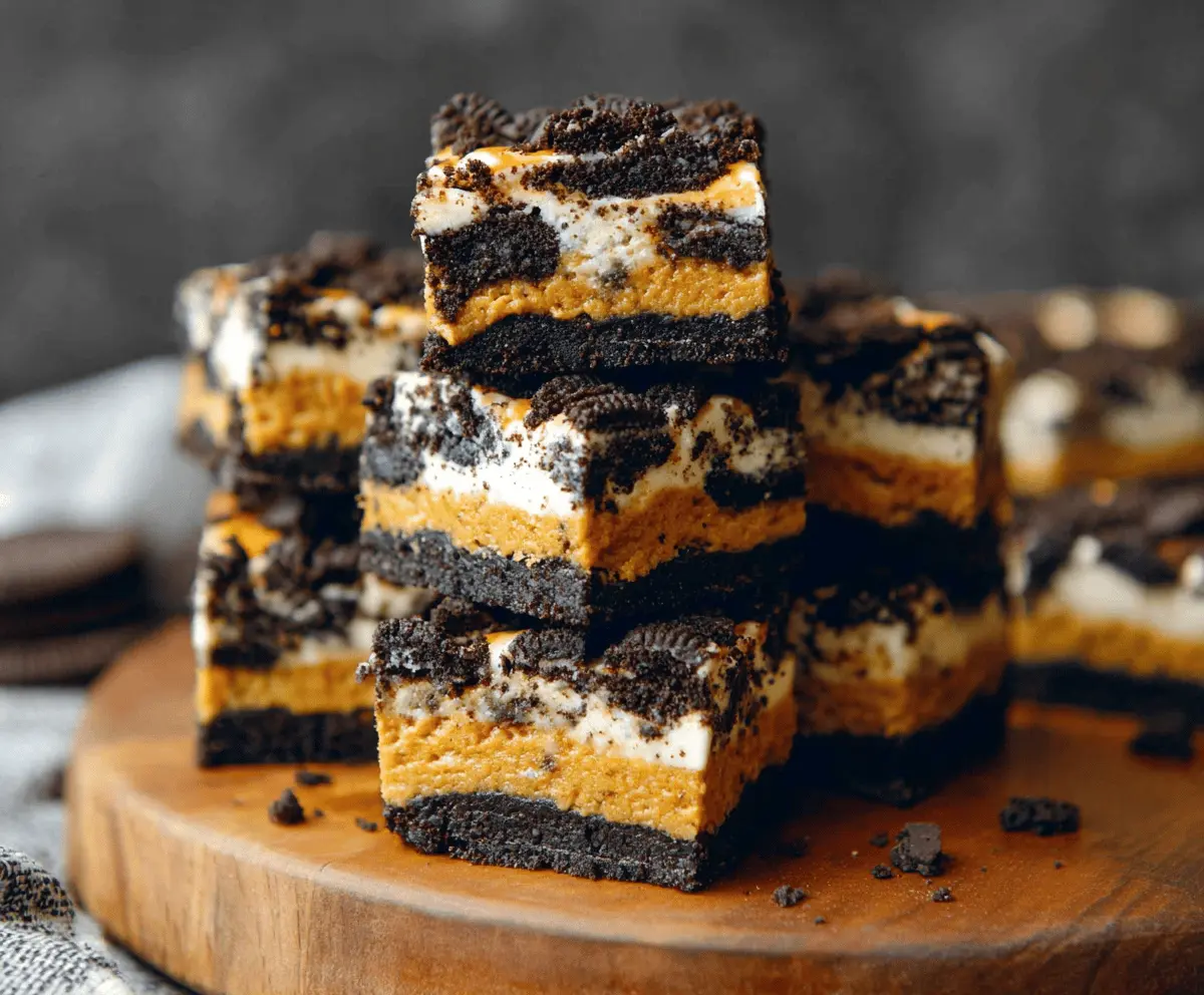 Delicious Pumpkin Oreo Cheesecake Bars with creamy pumpkin filling and crushed Oreo crust topped with whipped cream, perfect for fall desserts.