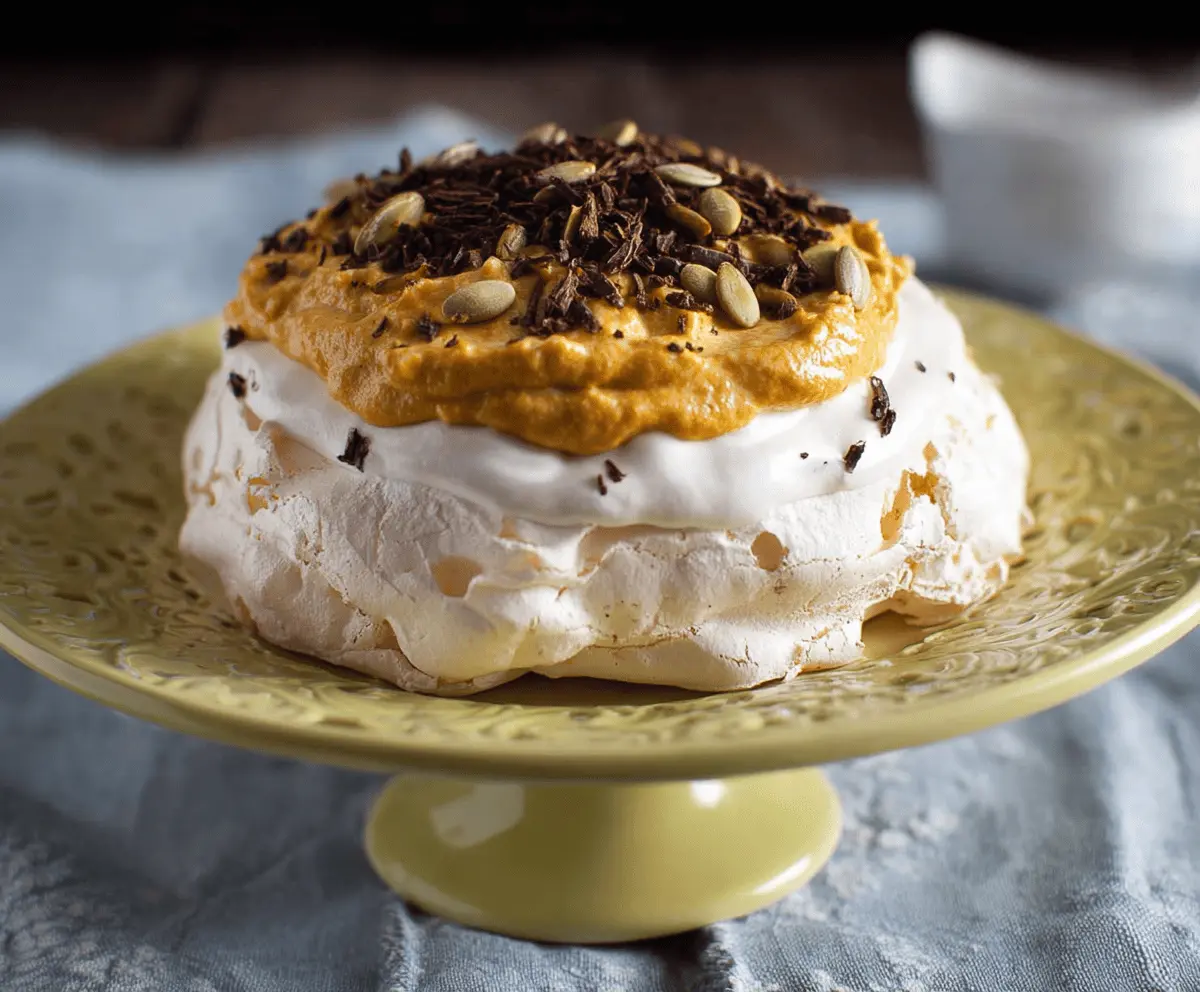 Delicious pumpkin Pavlova topped with whipped cream and fresh autumnal fruit for a festive dessert