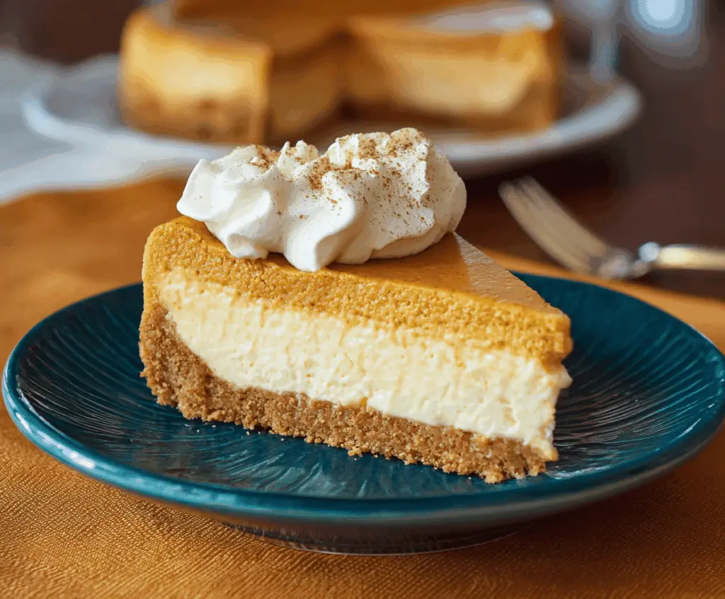 Delicious Pumpkin Pie Cheesecake topped with whipped cream and cinnamon on a festive fall plate, perfect for holiday dessert