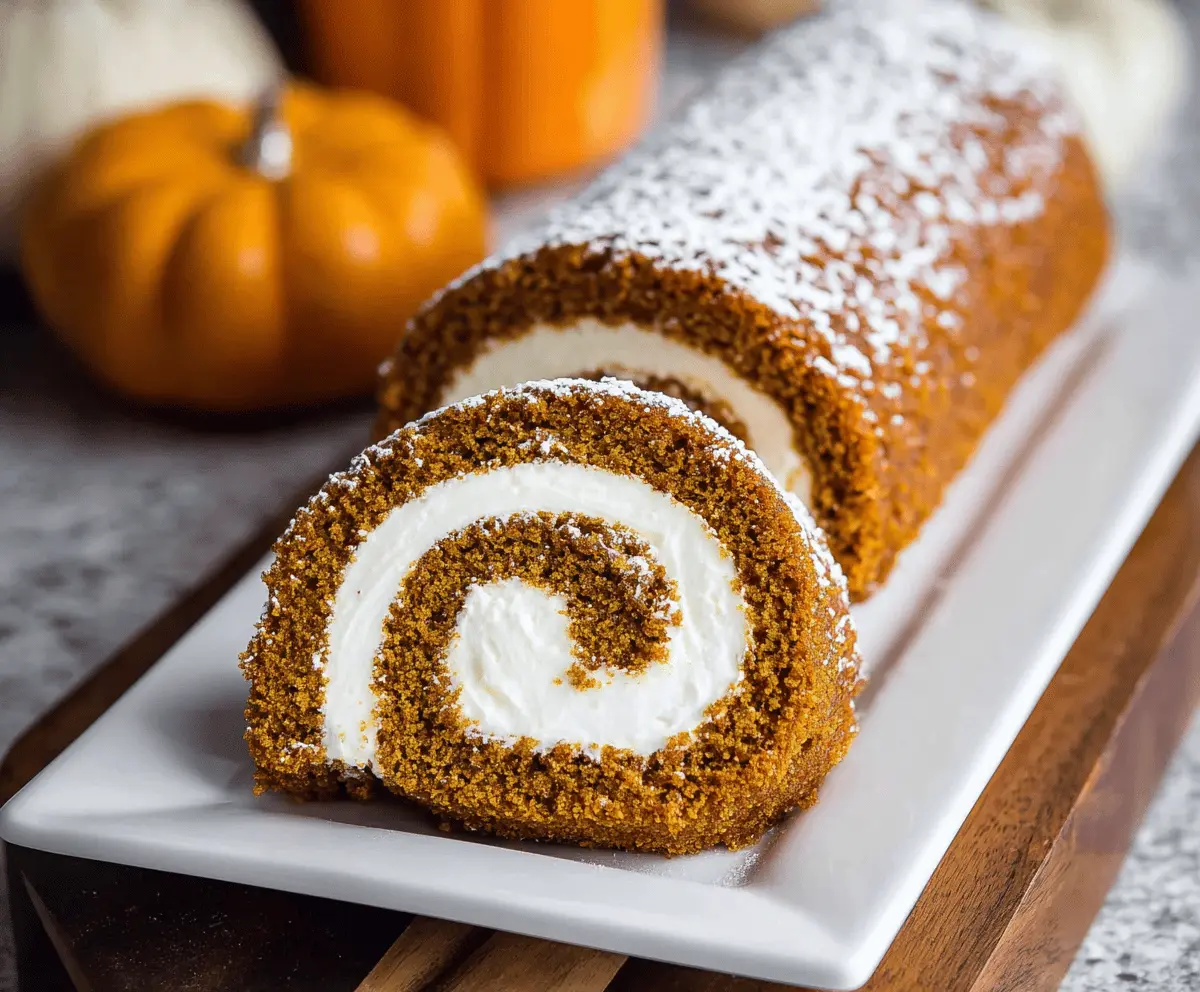Delicious homemade pumpkin roll cake with cream cheese filling, topped with powdered sugar, perfect for fall desserts