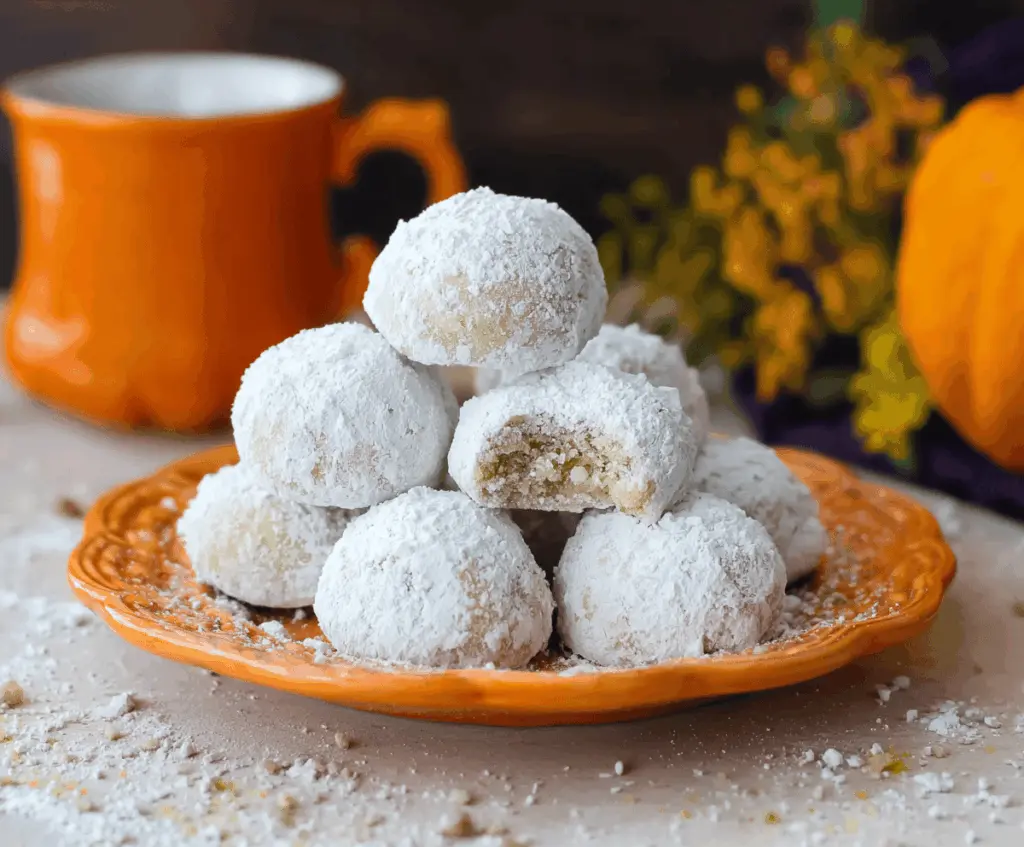 Delicious pumpkin snowball cookies with powdered sugar coating on a festive plate, perfect for fall desserts and holiday treats