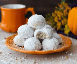 Delicious pumpkin snowball cookies with powdered sugar coating on a festive plate, perfect for fall desserts and holiday treats