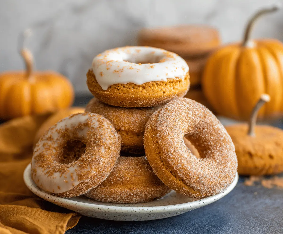 Delicious homemade pumpkin spice donuts topped with cinnamon sugar, perfect for fall dessert or breakfast