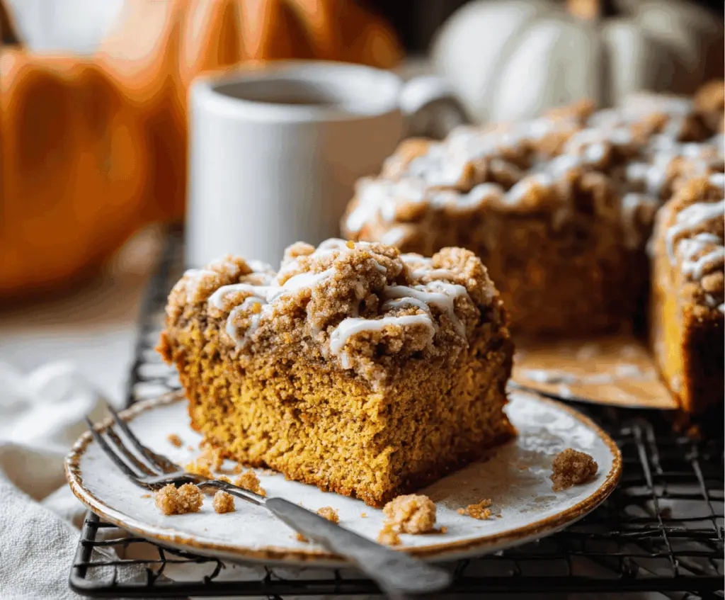Delicious Pumpkin Streusel Coffee Cake topped with crumbly streusel and served on a plate, perfect for fall mornings