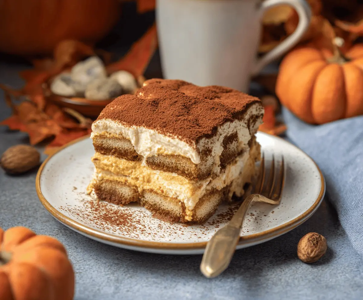 Creamy pumpkin tiramisu dessert layered with mascarpone cheese, coffee-soaked ladyfingers, and a sprinkle of cinnamon, perfect for fall.
