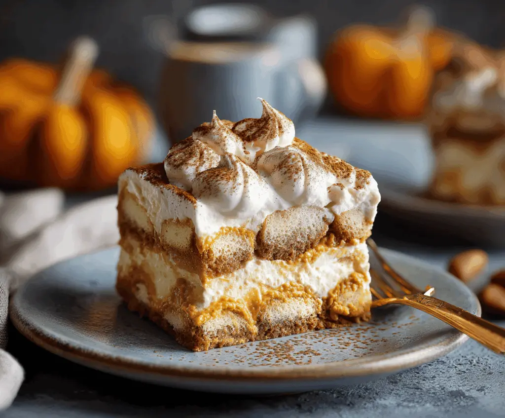 Creamy pumpkin tiramisu dessert layered with coffee-soaked ladyfingers and topped with cocoa powder and whipped cream, perfect for fall and holiday celebrations.