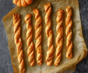 Golden Pumpkin Twists pastry with a crispy, flaky crust and a hint of pumpkin flavor, perfect for fall-inspired snacks or desserts.