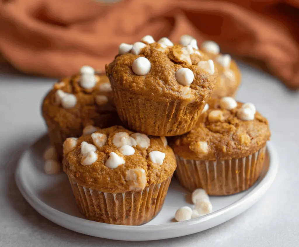 Delicious pumpkin white chocolate chip muffins topped with a sprinkle of white chocolate chips, perfect for fall baking and seasonal treats.