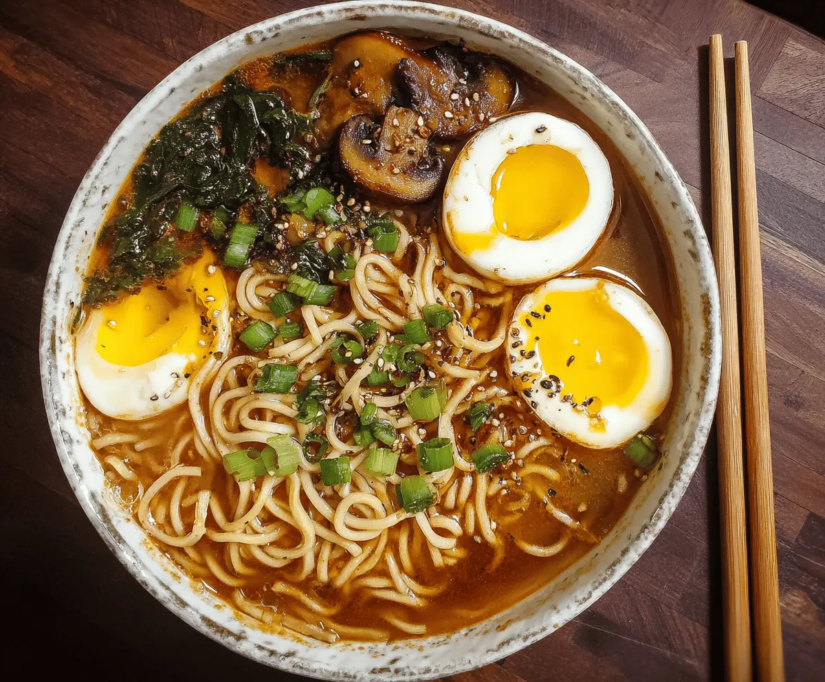 A steaming bowl of flavorful ramen noodle soup with sliced pork, soft-boiled eggs, green onions, and rich broth served in a traditional bowl.