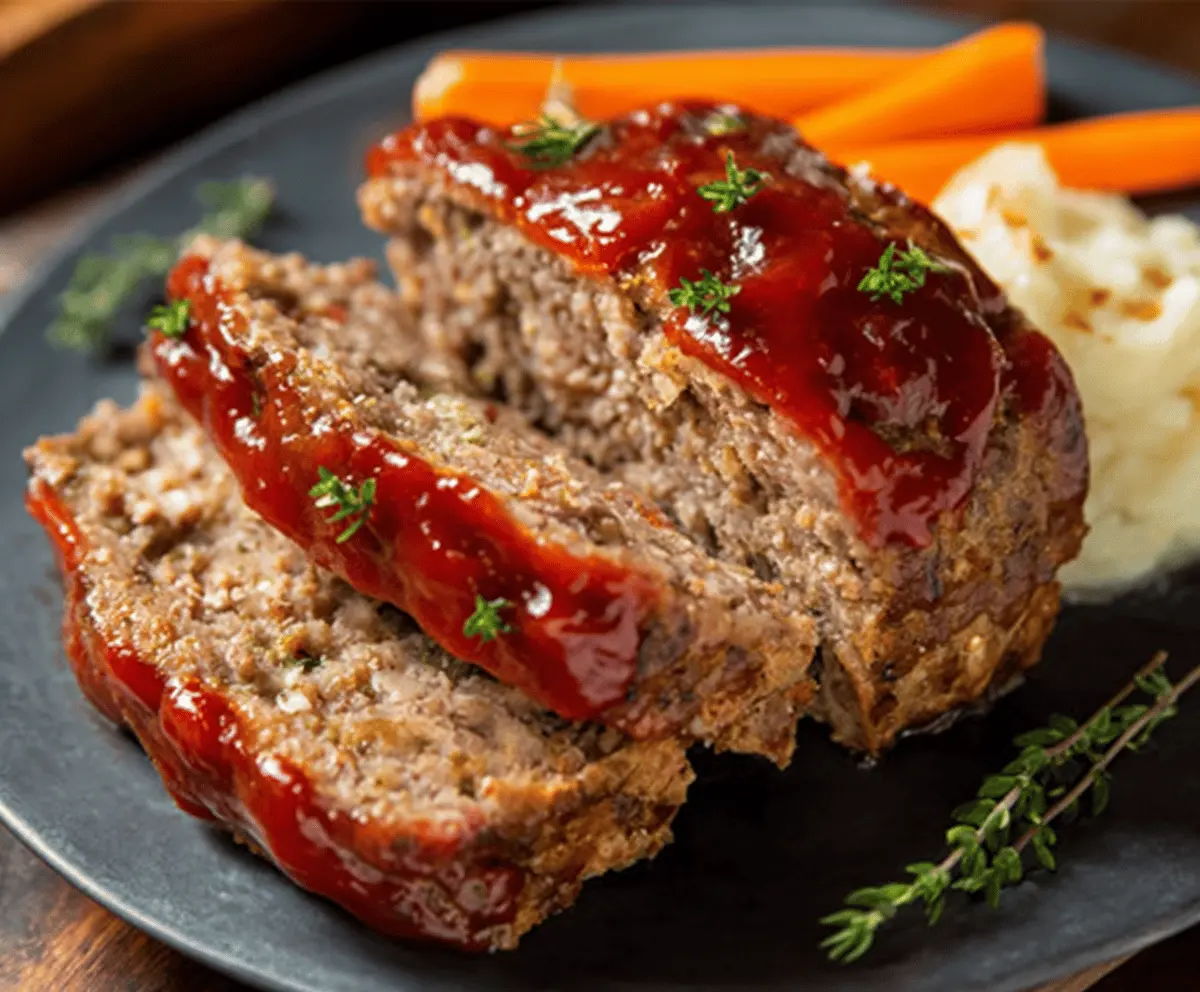 Juicy Ranch Meatloaf topped with fresh herbs on a rustic plate, served with roasted vegetables for a hearty homemade dinner