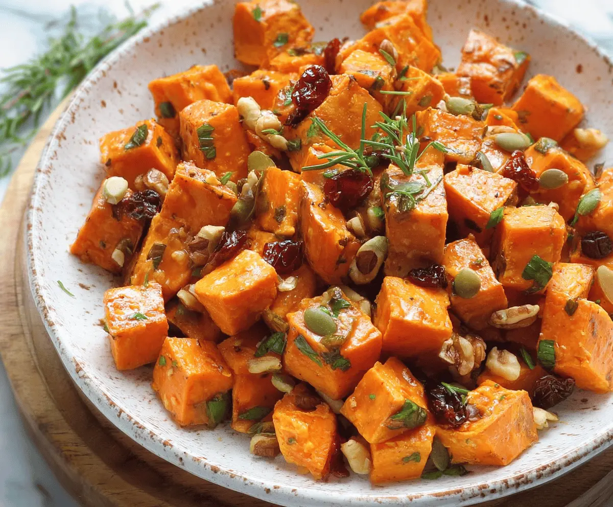 Fresh roasted sweet potato salad with greens and herbs, served as a healthy side dish
