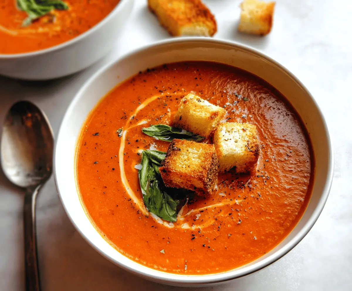 Creamy roasted tomato soup served in a bowl with fresh basil garnish and crusty bread on the side.