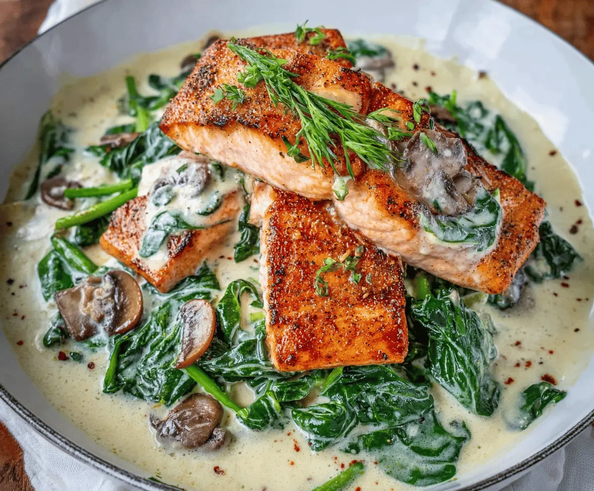 Delicious salmon Florentine topped with spinach and served with creamy garlic sauce on a white plate