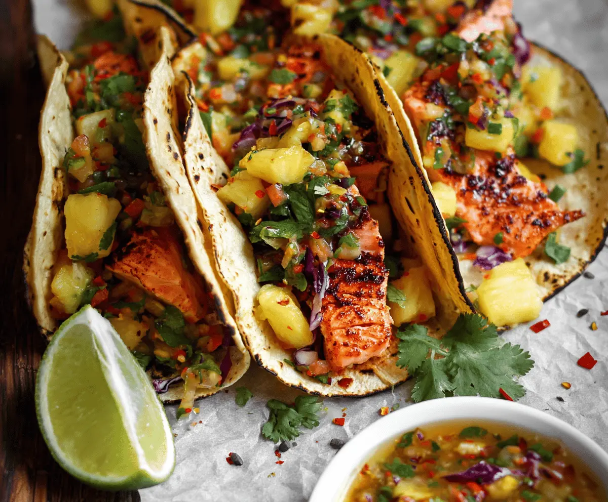 Delicious salmon tacos topped with fresh pineapple avocado salsa on a plate, featuring vibrant colors and appetizing presentation.