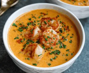 Creamy Shrimp Bisque garnished with fresh herbs and served in a bowl, showcasing a rich, flavorful seafood soup perfect for a comforting appetizer.