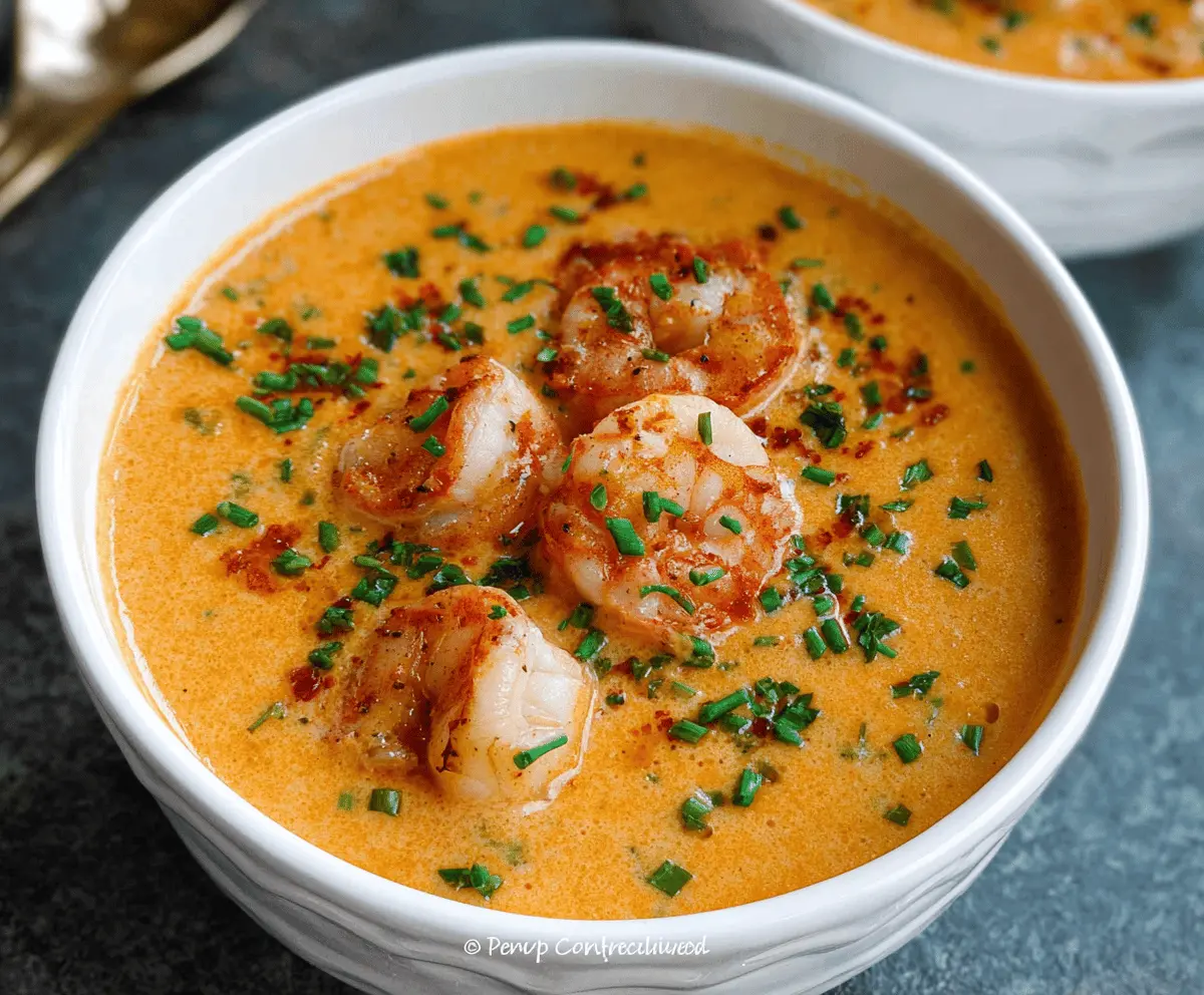Creamy Shrimp Bisque garnished with fresh herbs and served in a bowl, showcasing a rich, flavorful seafood soup perfect for a comforting appetizer.