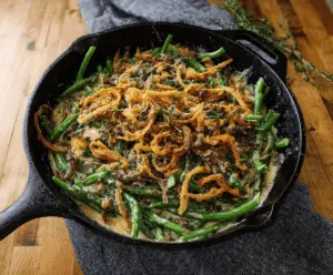 Delicious skillet green bean casserole topped with crispy fried onions, ready to serve as a savory side dish.