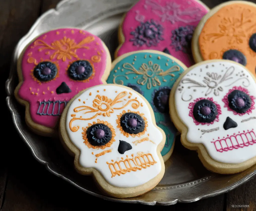 Decorative skull-shaped sugar cookies with colorful icing and intricate Halloween-themed designs for spooky festivities.