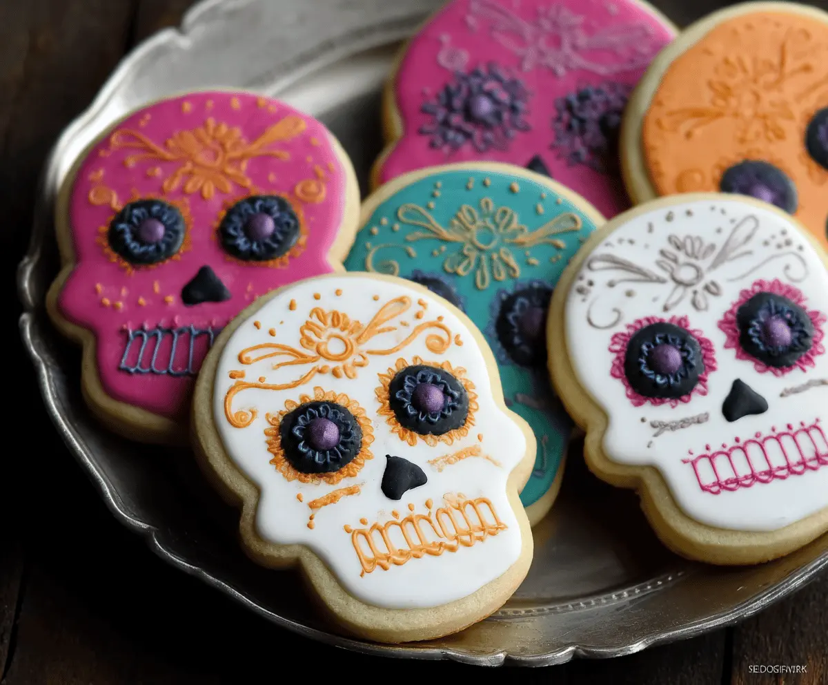 Decorative skull-shaped sugar cookies with colorful icing and intricate Halloween-themed designs for spooky festivities.