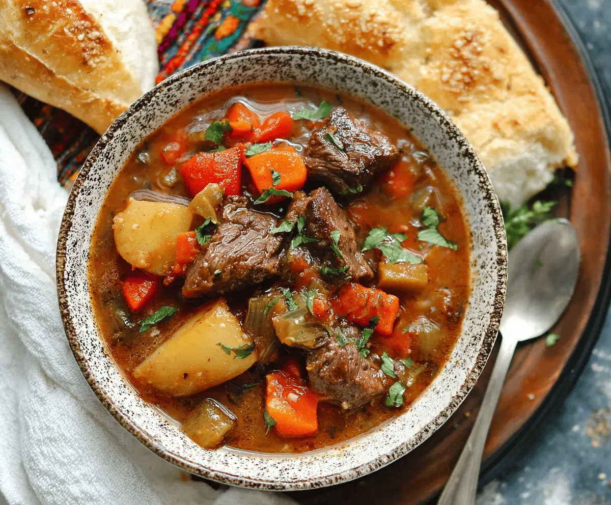 Delicious slow cooker beef stew with tender beef, carrots, potatoes, and vegetables in a savory broth