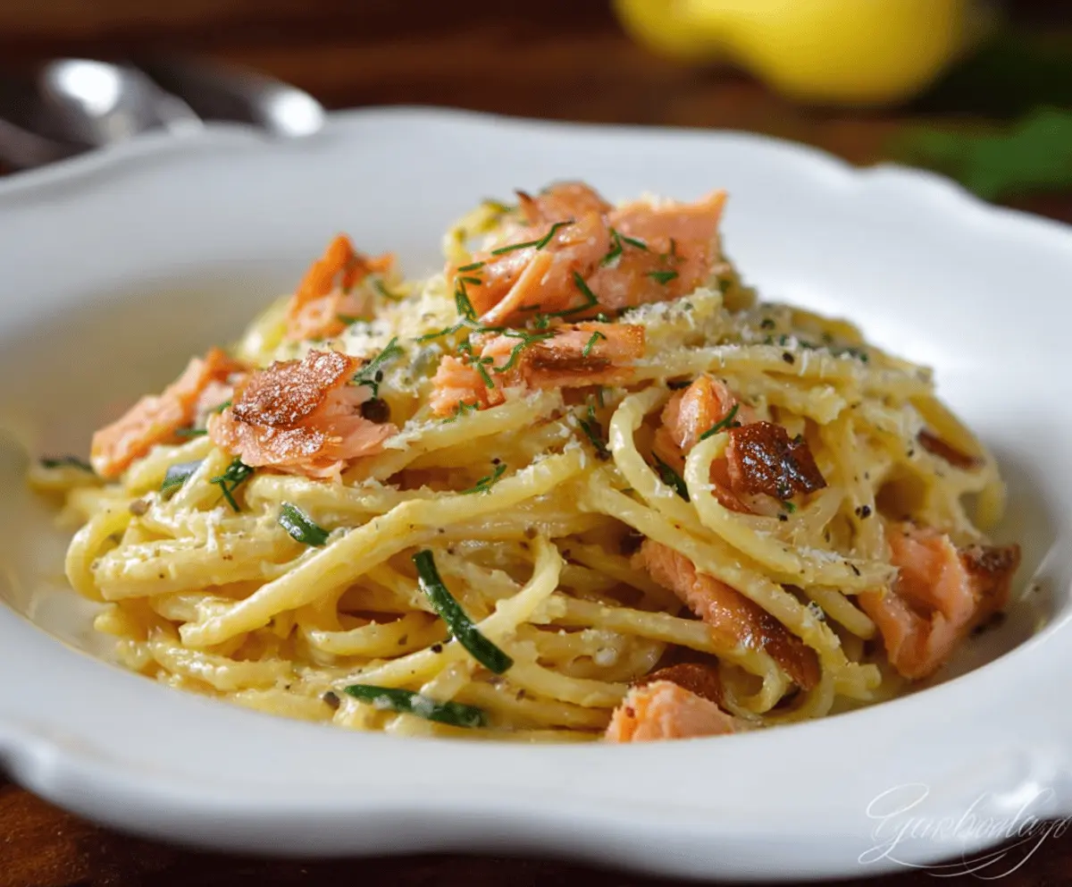 Delicious smoked salmon carbonara pasta with creamy sauce, garnished with fresh herbs and grated cheese on a white plate.