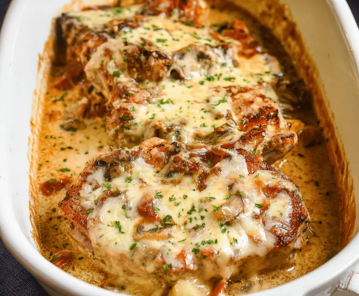 Delicious smothered pork chop casserole topped with melted cheese and crispy onions, served in a baking dish