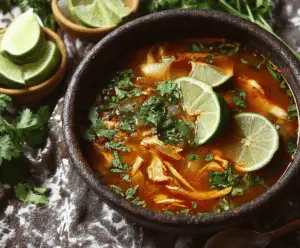 Delicious bowl of Sopa de Lima with lime, shredded chicken, crispy tortilla strips, fresh cilantro, and lime wedges, served in a traditional Mexican bowl.