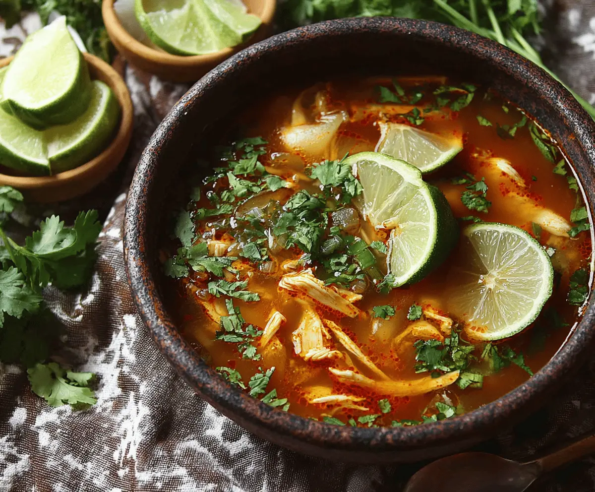 Delicious bowl of Sopa de Lima with lime, shredded chicken, crispy tortilla strips, fresh cilantro, and lime wedges, served in a traditional Mexican bowl.