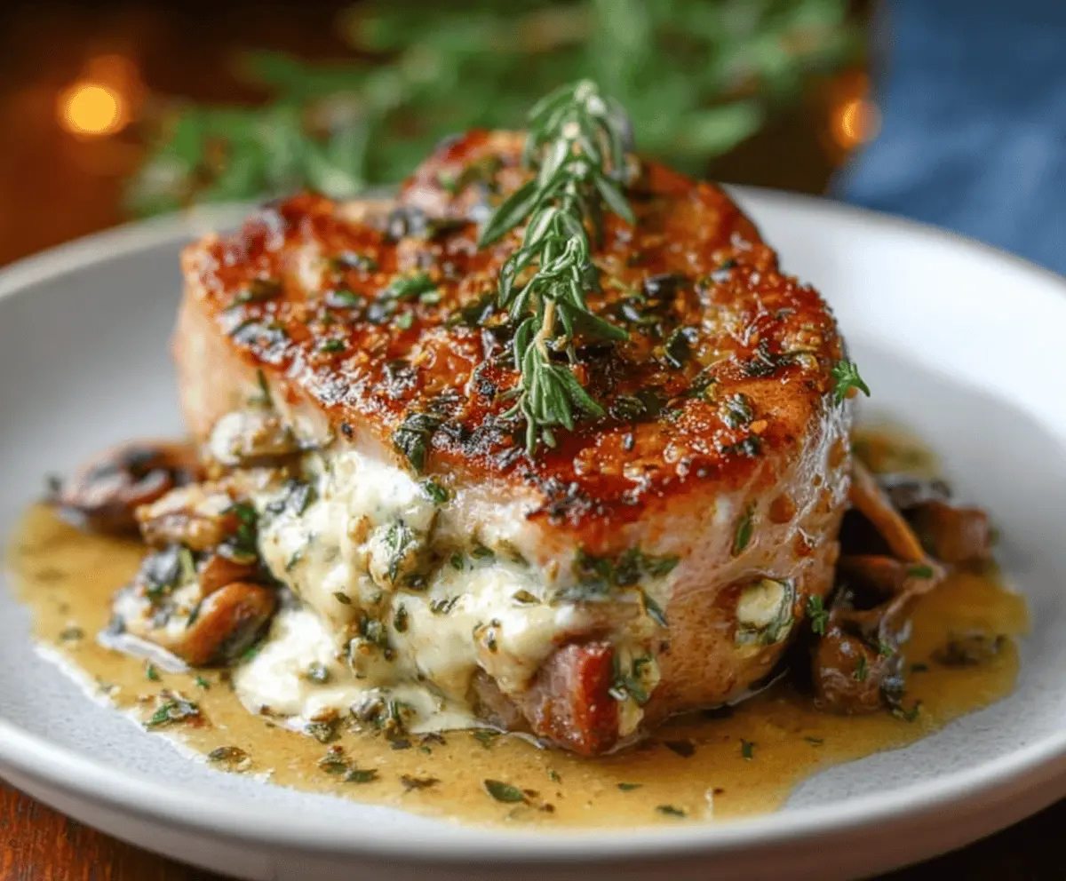 Juicy stuffed pork chops filled with cheese and herbs, served on a plate garnished with fresh vegetables for a flavorful dinner recipe.