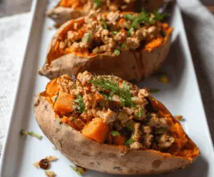 Baked stuffed sweet potatoes topped with seasoned ground turkey and fresh herbs, ready to serve as a nutritious and flavorful meal