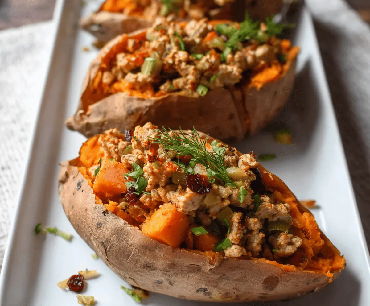 Baked stuffed sweet potatoes topped with seasoned ground turkey and fresh herbs, ready to serve as a nutritious and flavorful meal