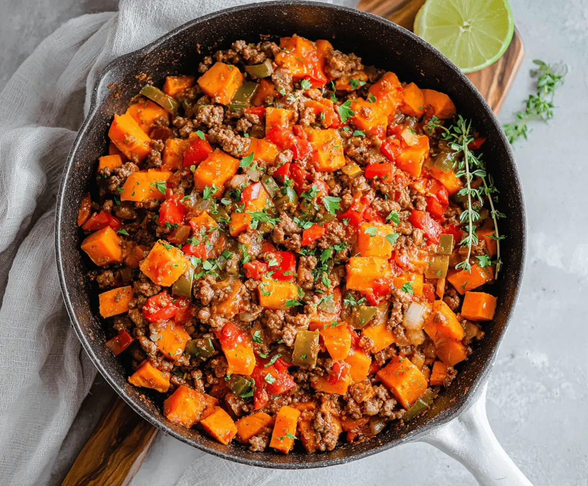 Delicious sweet potato and ground beef skillet topped with melted cheese and fresh herbs, served in a rustic skillet for a hearty, flavorful meal.