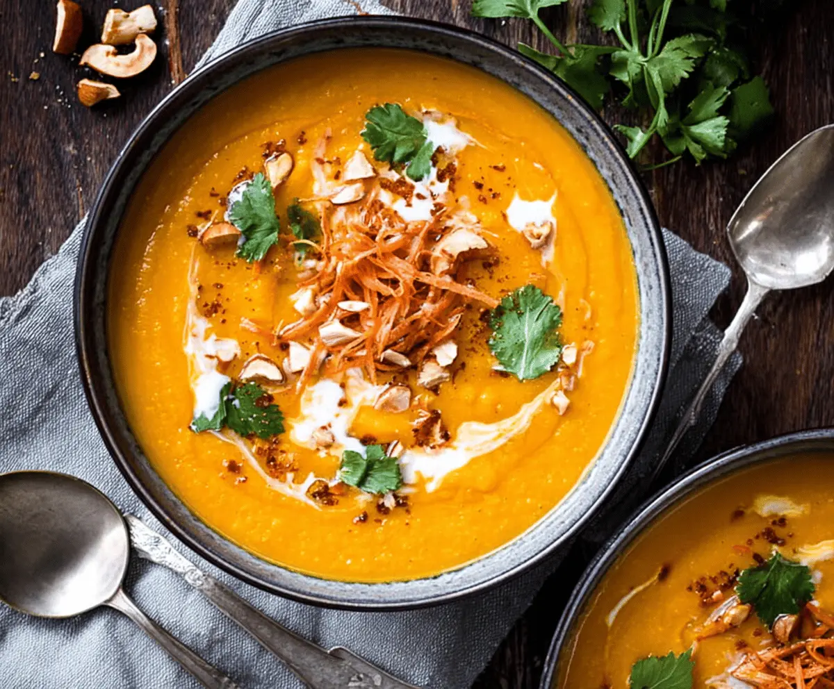 Creamy sweet potato and carrot curry soup garnished with fresh herbs in a bowl, perfect for a comforting and nutritious meal.