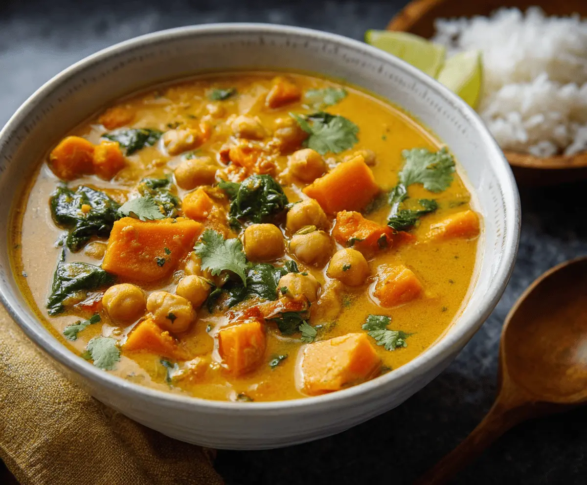 A bowl of hearty sweet potato chickpea curry soup garnished with fresh herbs, showcasing vibrant orange, beige, and green colors in a cozy setting.