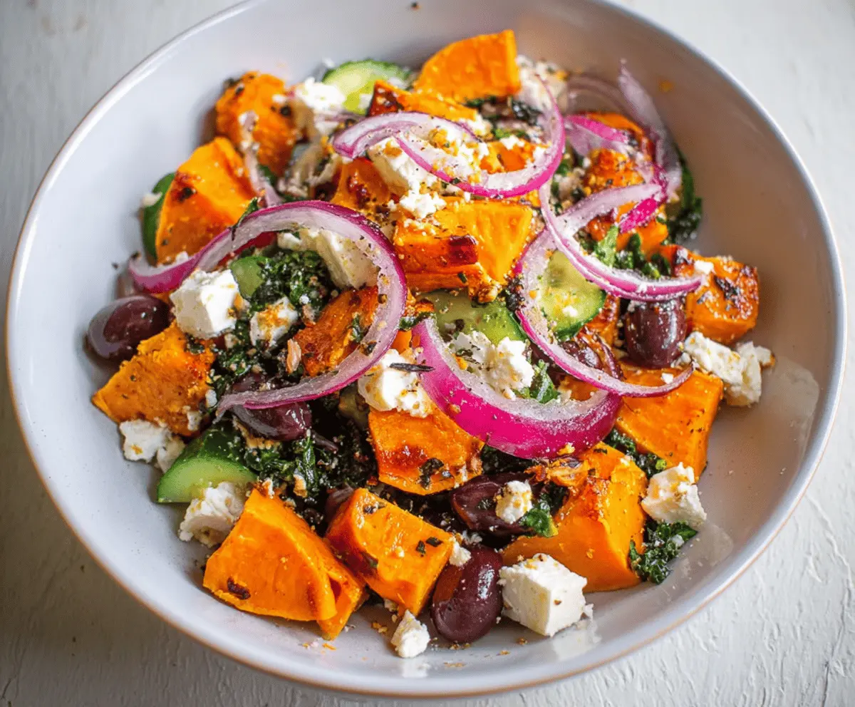 Fresh sweet potato Greek salad featuring roasted sweet potatoes, feta cheese, cucumbers, cherry tomatoes, red onions, Kalamata olives, and a drizzle of olive oil and lemon dressing, perfect for a healthy and flavorful meal.