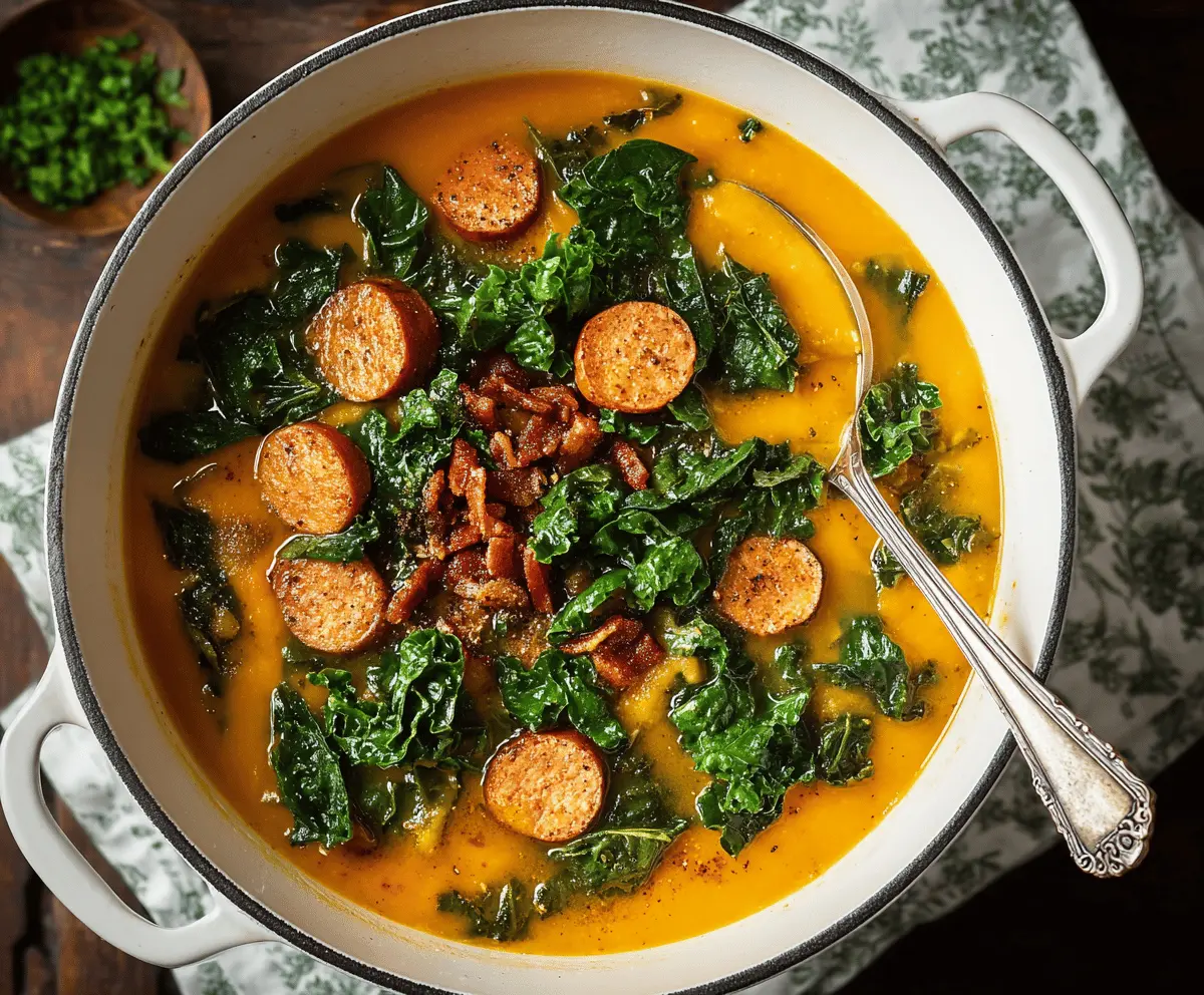 A bowl of vibrant sweet potato kale soup garnished with fresh herbs, showcasing a creamy orange base with leafy green kale pieces.