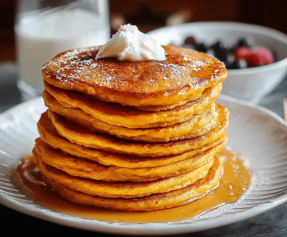 Delicious homemade sweet potato pancakes topped with syrup and fresh fruit on a plate, ready to serve.