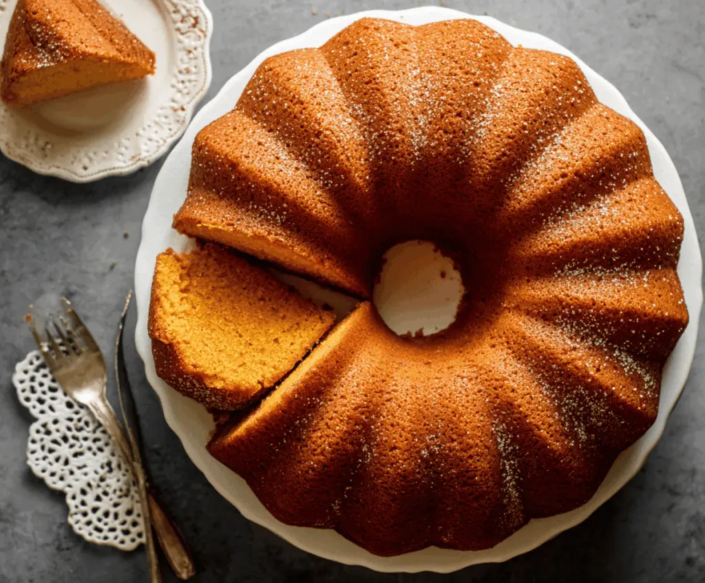 Delicious moist sweet potato pound cake garnished with powdered sugar, perfect for fall desserts