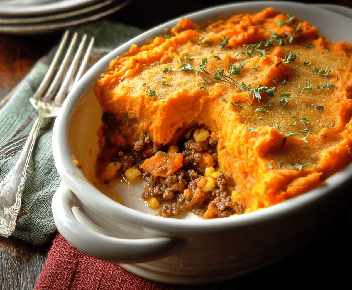 Delicious Sweet Potato Shepherd’s Pie topped with golden mashed sweet potatoes and garnished with fresh herbs, served in a rustic dish.