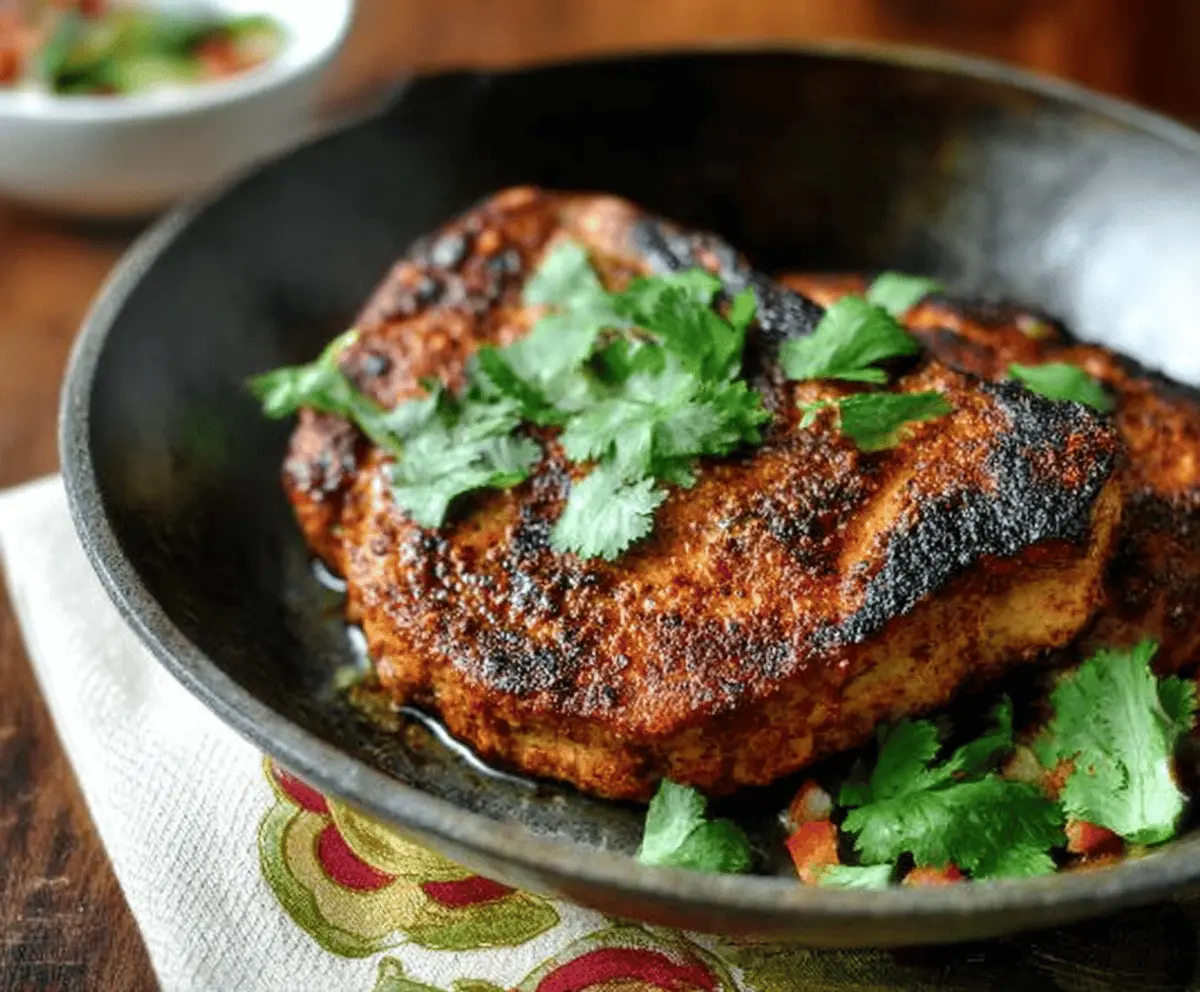 Juicy pork chops seasoned with taco spices served on a plate, perfect for a flavorful Mexican-inspired meal.