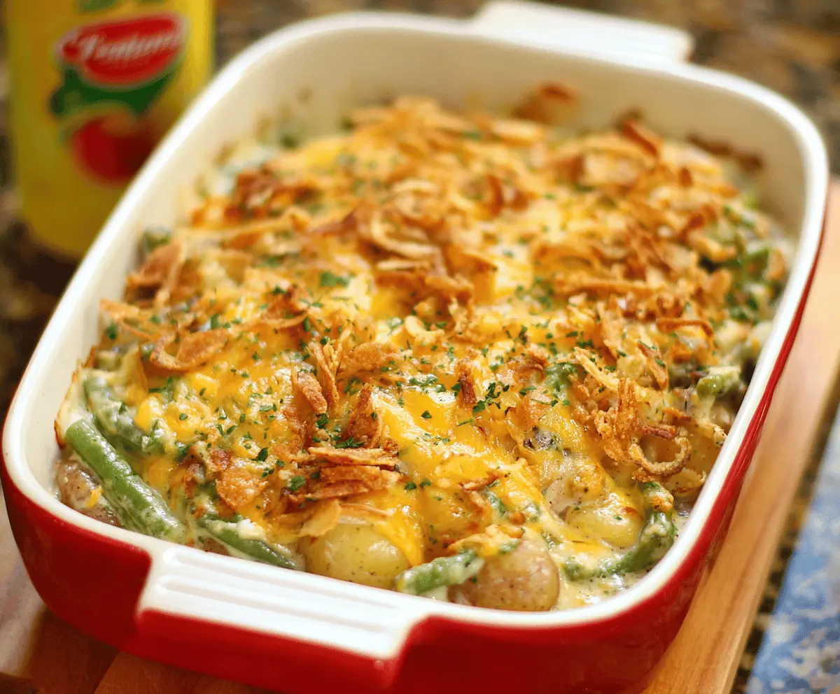 Delicious green bean casserole with fresh potatoes and crispy onions, perfect for holiday dinners.