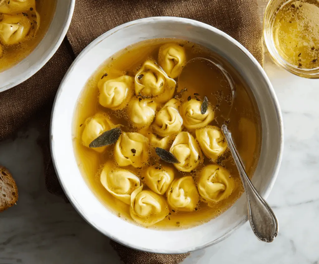 A steaming bowl of Tortellini en Brodo featuring tender pasta-filled tortellini served in clear savory broth with fresh herbs and grated cheese.