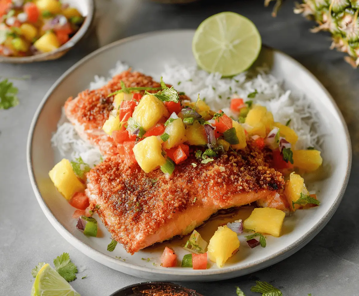 Tropical Coconut Crusted Salmon topped with vibrant pineapple salsa, garnished with fresh herbs for a flavorful seafood dish