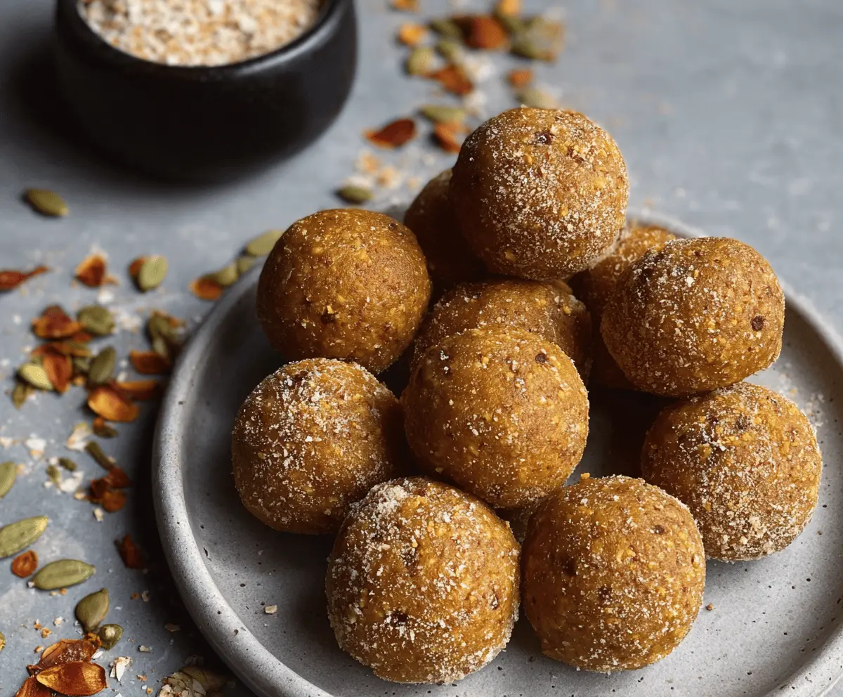 Vegan Pumpkin Protein Balls arranged on a white plate, featuring pumpkin, oats, and seeds for a healthy, plant-based snack